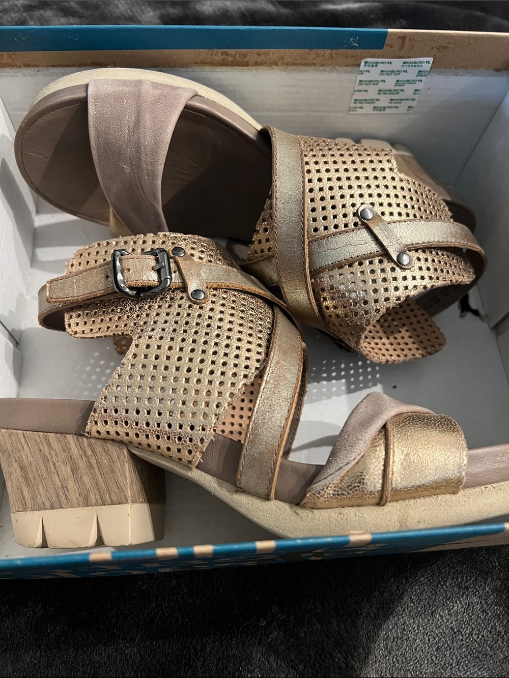 OTBT Leather Gold Metallic Perforated Block Heel Sandals - Picture 2 of 9